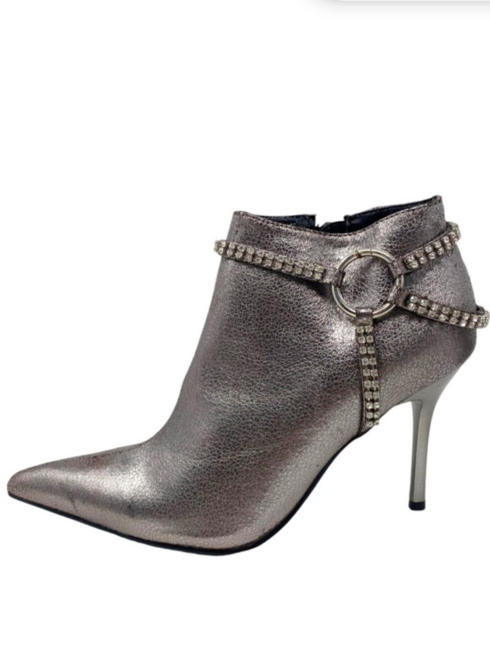 Penthouse Stiletto Ankle Boots Booties Silver Cackle Effect Chain Strap, Sz 9